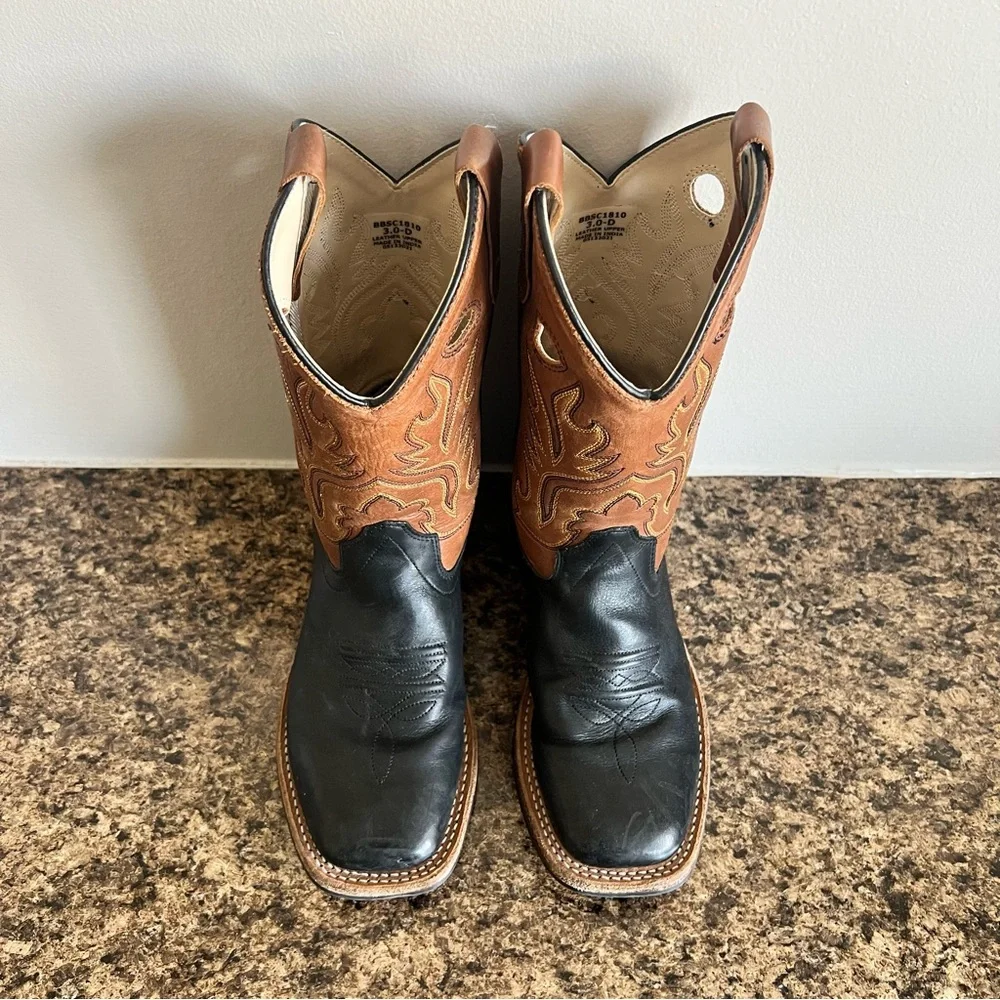 Kids Two-Tone Leather Western Boots - Black & Brown